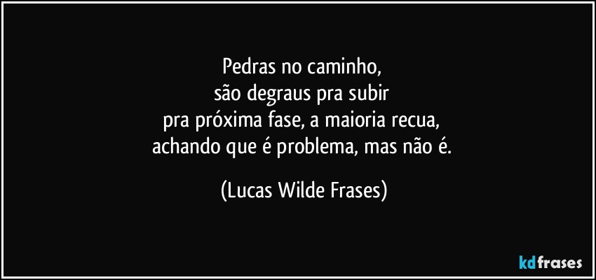 Pedras no caminho, 
são degraus pra subir 
pra próxima fase, a maioria recua, 
achando que é problema, mas não é. (Lucas Wilde Frases)