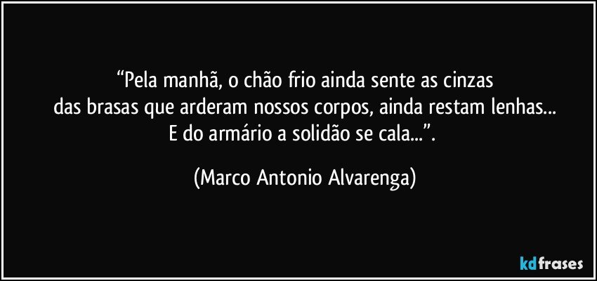 “Pela manhã, o chão frio ainda sente as cinzas
das brasas que arderam nossos corpos, ainda restam lenhas...
E do armário a solidão se cala...”. (Marco Antonio Alvarenga)