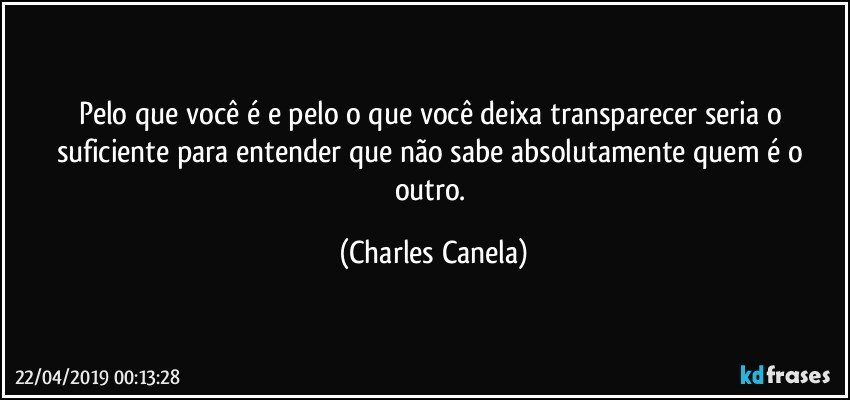 Pelo que você é e pelo o que você deixa transparecer seria o suficiente para entender que não sabe absolutamente quem é o outro. (Charles Canela)