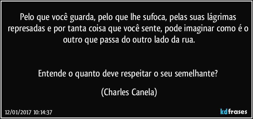 Pelo que você guarda, pelo que lhe sufoca, pelas suas lágrimas represadas e por tanta coisa que você sente, pode imaginar como é o outro que passa do outro lado da rua.


Entende o quanto deve respeitar o seu semelhante? (Charles Canela)