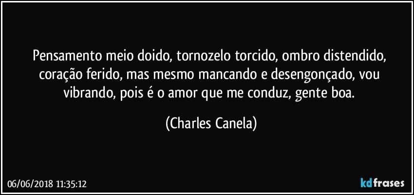 Pensamento meio doido, tornozelo torcido, ombro distendido, coração ferido, mas mesmo mancando e desengonçado, vou vibrando, pois é o amor que me conduz, gente boa. (Charles Canela)