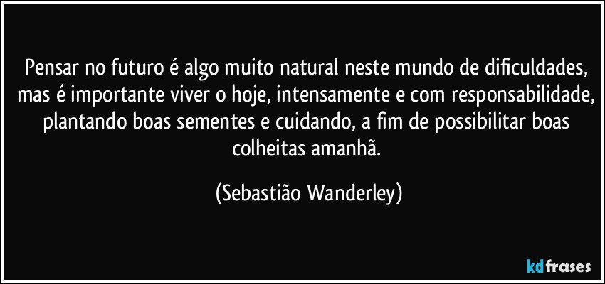 Pensar no futuro é algo muito natural neste mundo de dificuldades, mas é importante viver o hoje, intensamente e com responsabilidade, plantando boas sementes e cuidando, a fim de possibilitar boas colheitas amanhã. (Sebastião Wanderley)