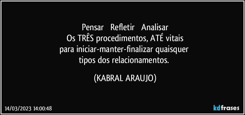 Pensar ● Refletir ● Analisar
Os TRÊS procedimentos, ATÉ vitais
para iniciar-manter-finalizar quaisquer 
tipos dos relacionamentos. (KABRAL ARAUJO)