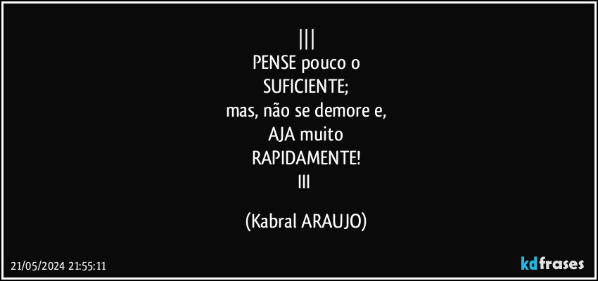 |||
PENSE pouco o
SUFICIENTE;
mas, não se demore e,
AJA muito
RAPIDAMENTE!
III (KABRAL ARAUJO)