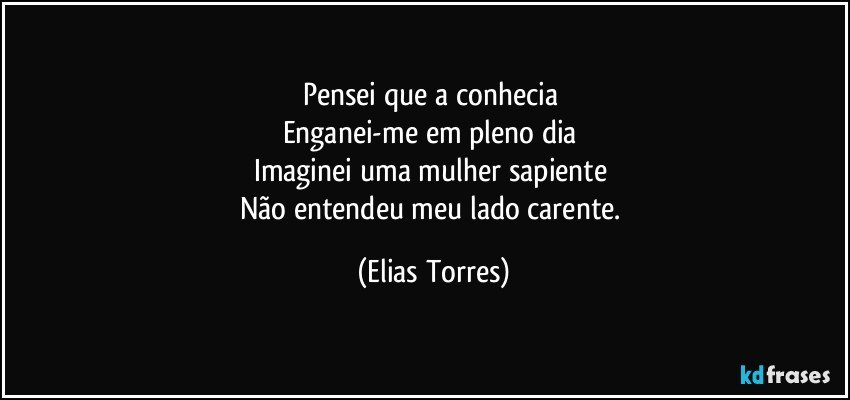 Pensei que a conhecia 
Enganei-me em pleno dia 
Imaginei uma mulher sapiente 
Não entendeu meu lado carente. (Elias Torres)