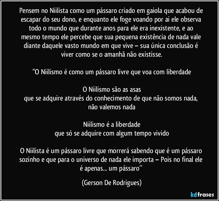 Pensem no Niilista como um pássaro criado em gaiola que acabou de escapar do seu dono, e enquanto ele foge voando por ai ele observa todo o mundo que durante anos para ele era inexistente, e ao mesmo tempo ele percebe que sua pequena existência de nada vale diante daquele vasto mundo em que vive – sua única conclusão é viver como se o amanhã não existisse.

“O Niilismo é como um pássaro livre que voa com liberdade

O Niilismo são as asas
que se adquire através do conhecimento de que não somos nada, não valemos nada

Niilismo é a liberdade
que só se adquire com algum tempo vivido

O Niilista é um pássaro livre que morrerá sabendo que é um pássaro sozinho e que para o universo de nada ele importa – Pois no final ele é apenas... um pássaro’’ (Gerson De Rodrigues)