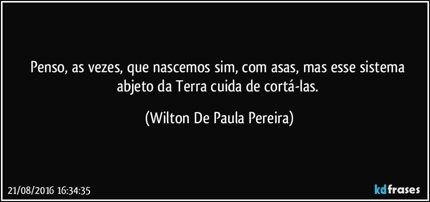 Penso, as vezes, que nascemos sim, com asas, mas esse sistema abjeto da Terra cuida de cortá-las. (Wilton De Paula Pereira)