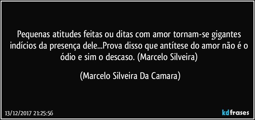 Pequenas atitudes feitas ou ditas com amor tornam-se gigantes indícios da presença dele...Prova disso que antítese do amor não é o ódio e sim o descaso. (Marcelo Silveira) (Marcelo Silveira Da Camara)