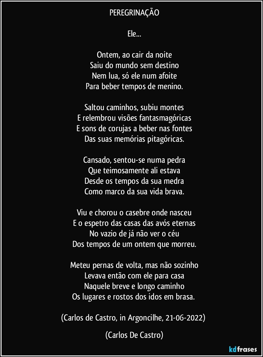 PEREGRINAÇÃO

Ele...

Ontem, ao cair da noite
Saiu do mundo sem destino
Nem lua, só ele num afoite
Para beber tempos de menino.

Saltou caminhos, subiu montes
E relembrou visões fantasmagóricas
E sons de corujas a beber nas fontes
Das suas memórias pitagóricas.

Cansado, sentou-se numa pedra
Que teimosamente ali estava
Desde os tempos da sua medra
Como marco da sua vida brava.

Viu e chorou o casebre onde nasceu
E o espetro das casas das avós eternas
No vazio de já não ver o céu
Dos tempos de um ontem que morreu.

Meteu pernas de volta, mas não sozinho
Levava então com ele para casa
Naquele breve e longo caminho
Os lugares e rostos dos idos em brasa.⁠

(Carlos de Castro, in Argoncilhe, 21-06-2022) (Carlos De Castro)