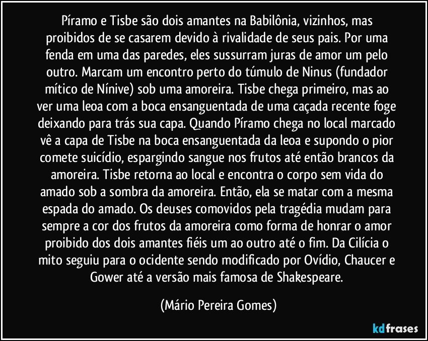 Píramo e Tisbe são dois amantes na Babilônia, vizinhos, mas proibidos de se casarem devido à rivalidade de seus pais. Por uma fenda em uma das paredes, eles sussurram juras de amor um pelo outro. Marcam um encontro perto do túmulo de Ninus (fundador mítico de Nínive) sob uma amoreira. Tisbe chega primeiro, mas ao ver uma leoa com a boca ensanguentada de uma caçada recente foge deixando para trás sua capa. Quando Píramo chega no local marcado vê a capa de Tisbe na boca ensanguentada da leoa e supondo o pior comete suicídio, espargindo sangue nos frutos até então brancos da amoreira. Tisbe retorna ao local e encontra o corpo sem vida do amado sob a sombra da amoreira. Então, ela se matar com a mesma espada do amado. Os deuses comovidos pela tragédia mudam para sempre a cor dos frutos da amoreira como forma de honrar o amor proibido dos dois amantes fiéis um ao outro até o fim. Da Cilícia o mito seguiu para o ocidente sendo modificado por Ovídio, Chaucer e Gower até a versão mais famosa de Shakespeare. (Mário Pereira Gomes)