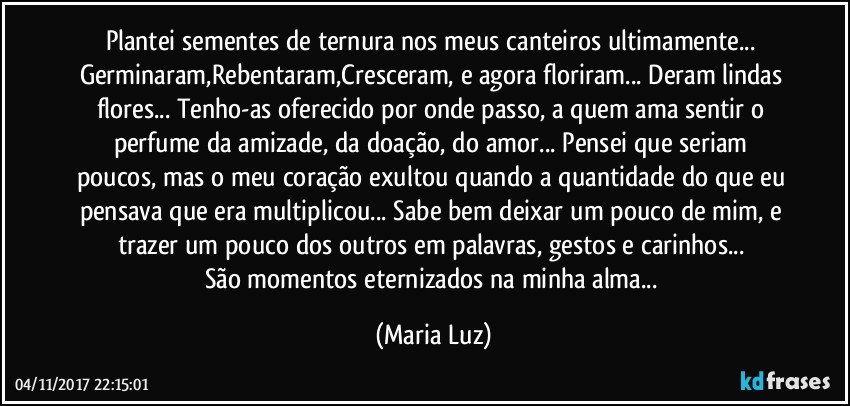 Plantei sementes de ternura nos meus canteiros ultimamente... Germinaram,Rebentaram,Cresceram, e agora floriram... Deram lindas flores... Tenho-as oferecido por onde passo, a quem ama sentir o perfume  da amizade, da doação, do amor... Pensei que seriam poucos, mas o meu coração exultou quando a quantidade do que eu pensava que era multiplicou... Sabe bem deixar um pouco de mim, e trazer um pouco dos outros em palavras, gestos e carinhos... 
São momentos eternizados na minha alma... (Maria Luz)