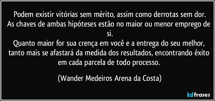 Podem existir vitórias sem mérito, assim como derrotas sem dor.
As chaves de ambas hipóteses estão no maior ou menor emprego de si.
Quanto maior for sua crença em você e a entrega do seu melhor, tanto mais se afastará da medida dos resultados, encontrando êxito em cada parcela de todo processo. (Wander Medeiros Arena da Costa)