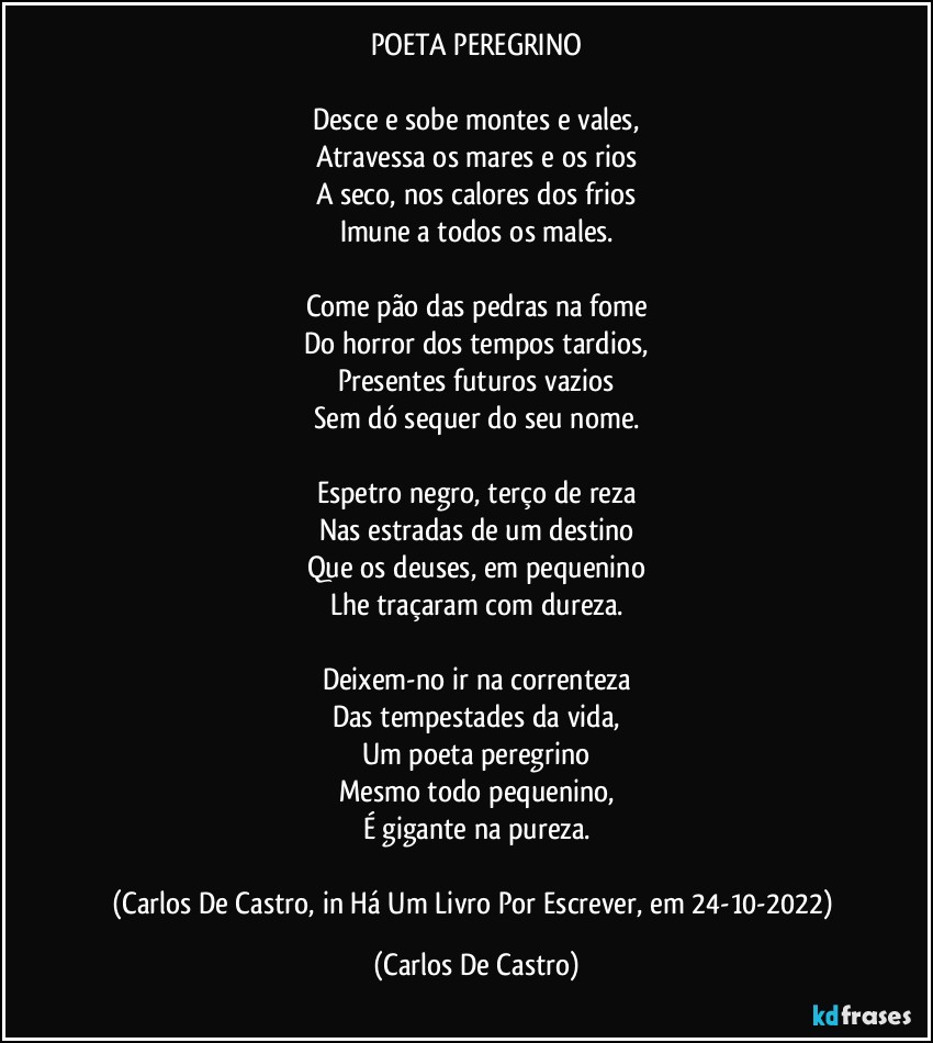 POETA PEREGRINO

Desce e sobe montes e vales,
Atravessa os mares e os rios
A seco, nos calores dos frios
Imune a todos os males.

Come pão das pedras na fome
Do horror dos tempos tardios,
Presentes futuros vazios
Sem dó sequer do seu nome.

Espetro negro, terço de reza
Nas estradas de um destino
Que os deuses, em pequenino
Lhe traçaram com dureza.

Deixem-no ir na correnteza
Das tempestades da vida,
Um poeta peregrino
Mesmo todo pequenino,
É gigante na pureza.

(Carlos De Castro, in Há Um Livro Por Escrever, em 24-10-2022) (Carlos De Castro)