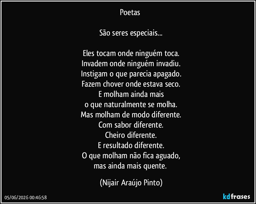 Poetas 

São seres especiais...

Eles tocam onde ninguém toca.
Invadem onde ninguém invadiu.
Instigam o que parecia apagado.
Fazem chover onde estava seco.
E molham ainda mais
o que naturalmente se molha.
Mas molham de modo diferente.
Com sabor diferente.
Cheiro diferente.
E resultado diferente.
O que molham não fica aguado,
mas ainda mais quente. (Nijair Araújo Pinto)