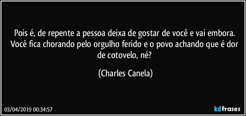 Pois é, de repente a pessoa deixa de gostar de você e vai embora. Você fica chorando pelo orgulho ferido e o povo achando que é dor de cotovelo, né? (Charles Canela)