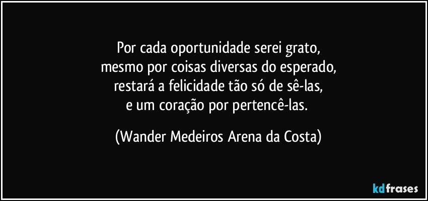 Por cada oportunidade serei grato,
mesmo por coisas diversas do esperado,
restará a felicidade tão só de sê-las,
e um coração por pertencê-las. (Wander Medeiros Arena da Costa)