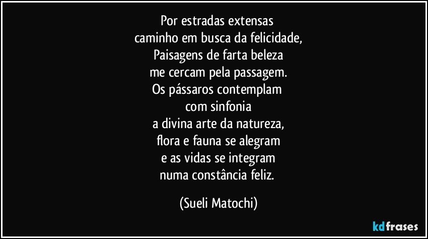 Por estradas extensas 
caminho em busca da felicidade,
Paisagens de farta beleza
me cercam pela passagem.
Os pássaros contemplam 
com sinfonia
a divina arte da natureza,
flora e fauna se alegram
e as vidas se integram
numa constância feliz. (Sueli Matochi)