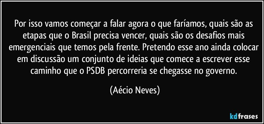 Por isso vamos começar a falar agora o que faríamos, quais são as etapas que o Brasil precisa vencer, quais são os desafios mais emergenciais que temos pela frente. Pretendo esse ano ainda colocar em discussão um conjunto de ideias que comece a escrever esse caminho que o PSDB percorreria se chegasse no governo. (Aécio Neves)