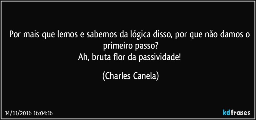 Por mais que lemos e sabemos da lógica disso, por que não damos o primeiro passo?
Ah, bruta flor da passividade! (Charles Canela)