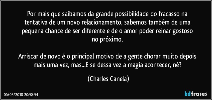 Por mais que saibamos da grande possibilidade do fracasso na tentativa de um novo relacionamento, sabemos também de uma pequena chance de ser diferente e de o amor poder reinar gostoso no próximo. 

Arriscar de novo é o principal motivo de a gente chorar muito depois mais uma vez, mas...E se dessa vez a magia acontecer, né? (Charles Canela)