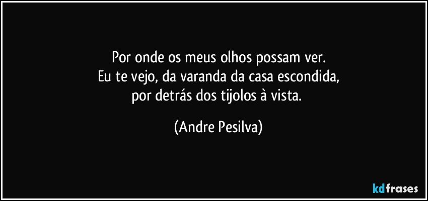 Por onde os meus olhos possam ver.
Eu te vejo, da varanda da casa escondida,
por detrás dos tijolos à vista. (Andre Pesilva)