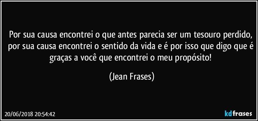 Por sua causa encontrei o que antes parecia ser um tesouro perdido, por sua causa encontrei o sentido da vida e é por isso que digo que é graças a você que encontrei o meu propósito! (Jean Frases)