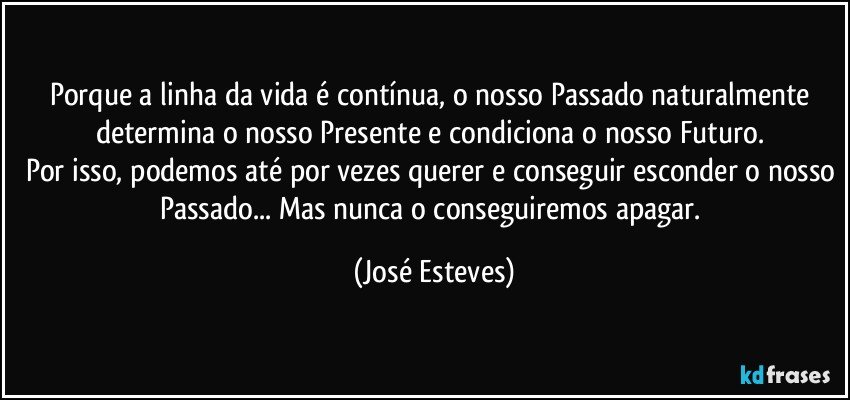 Porque a linha da vida é contínua, o nosso Passado naturalmente determina o nosso Presente e condiciona o nosso Futuro. 
Por isso, podemos até por vezes querer e conseguir esconder o nosso Passado... Mas nunca o conseguiremos apagar. (José Esteves)