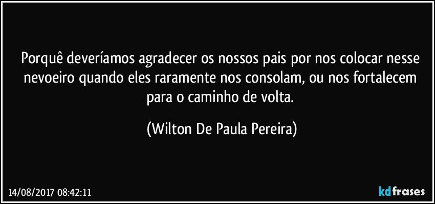 Porquê deveríamos agradecer os nossos pais por nos colocar nesse nevoeiro quando eles raramente nos consolam, ou nos fortalecem para o caminho de volta. (Wilton De Paula Pereira)