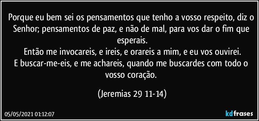 Porque eu bem sei os pensamentos que tenho a vosso respeito, diz o Senhor; pensamentos de paz, e não de mal, para vos dar o fim que esperais.
Então me invocareis, e ireis, e orareis a mim, e eu vos ouvirei.
E buscar-me-eis, e me achareis, quando me buscardes com todo o vosso coração. (Jeremias 29 11-14)