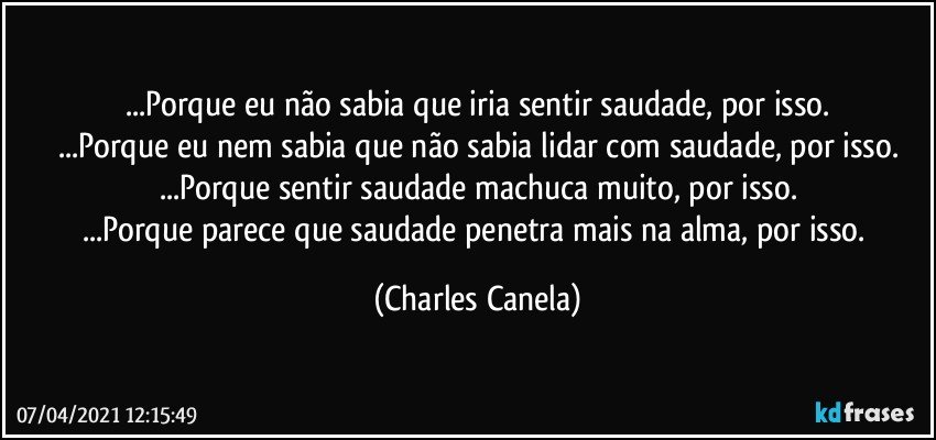 ...Porque eu não sabia que iria sentir saudade, por isso.
...Porque eu nem sabia que não sabia lidar com saudade, por isso.
...Porque sentir saudade machuca muito, por isso.
...Porque parece que saudade penetra mais na alma, por isso. (Charles Canela)