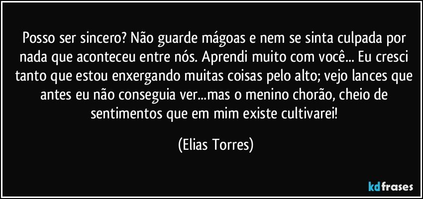 Posso ser sincero? Não guarde mágoas e nem se sinta culpada por nada que aconteceu entre nós. Aprendi muito com você... Eu cresci tanto que estou enxergando muitas coisas pelo alto; vejo lances que antes eu não conseguia ver...mas o menino chorão, cheio de sentimentos que em mim existe cultivarei! (Elias Torres)