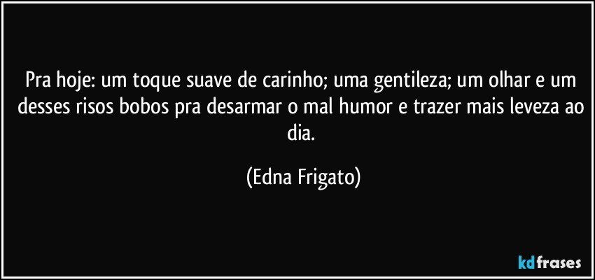 Pra hoje: um toque suave de carinho; uma gentileza; um olhar e um desses risos bobos pra desarmar o mal humor e trazer mais leveza ao dia. (Edna Frigato)