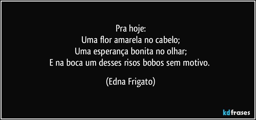 Pra hoje:
Uma flor amarela no cabelo;
Uma esperança bonita no olhar;
E na boca um desses risos bobos sem motivo. (Edna Frigato)