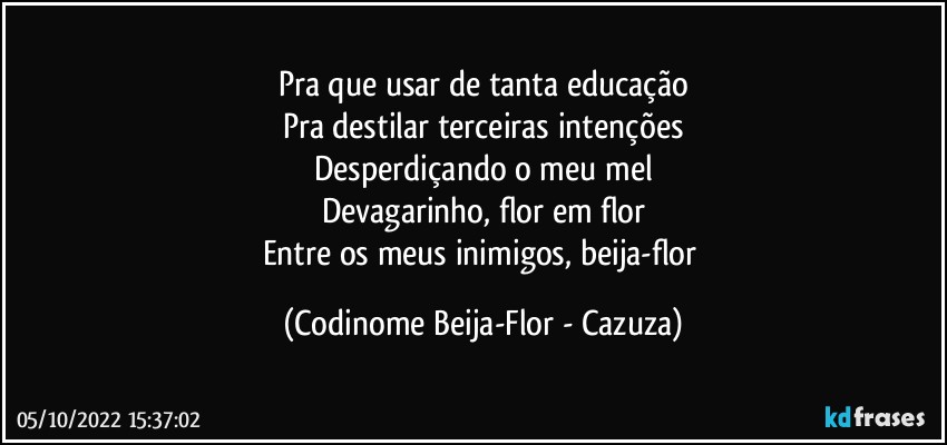 Pra que usar de tanta educação
Pra destilar terceiras intenções
Desperdiçando o meu mel
Devagarinho, flor em flor
Entre os meus inimigos, beija-flor (Codinome Beija-Flor - Cazuza)