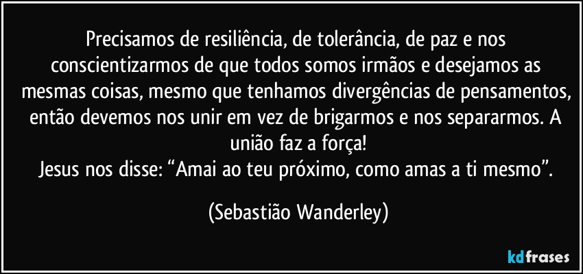 Precisamos de resiliência, de tolerância, de paz e nos conscientizarmos de que todos somos irmãos e desejamos as mesmas coisas, mesmo que tenhamos divergências de pensamentos, então devemos nos unir em vez de brigarmos e nos separarmos. A união faz a força!
Jesus nos disse: “Amai ao teu próximo, como amas a ti mesmo”. (Sebastião Wanderley)