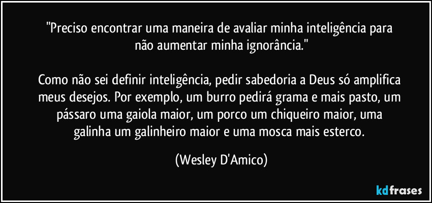 "Preciso encontrar uma maneira de avaliar minha inteligência para não aumentar minha ignorância."

Como não sei definir inteligência, pedir sabedoria a Deus só amplifica meus desejos. Por exemplo, um burro pedirá grama e mais pasto, um pássaro uma gaiola maior, um porco um chiqueiro maior, uma galinha um galinheiro maior e uma mosca mais esterco. (Wesley D'Amico)