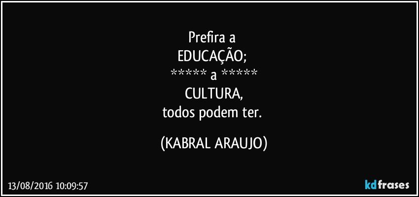 Prefira a 
EDUCAÇÃO; 
***** a *****
CULTURA,
todos podem ter. (KABRAL ARAUJO)