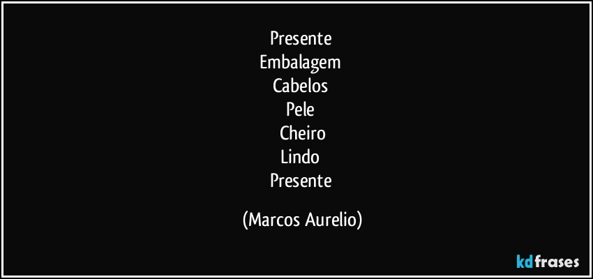 Presente 
Embalagem 
Cabelos 
Pele 
Cheiro
Lindo 
Presente (Marcos Aurelio)