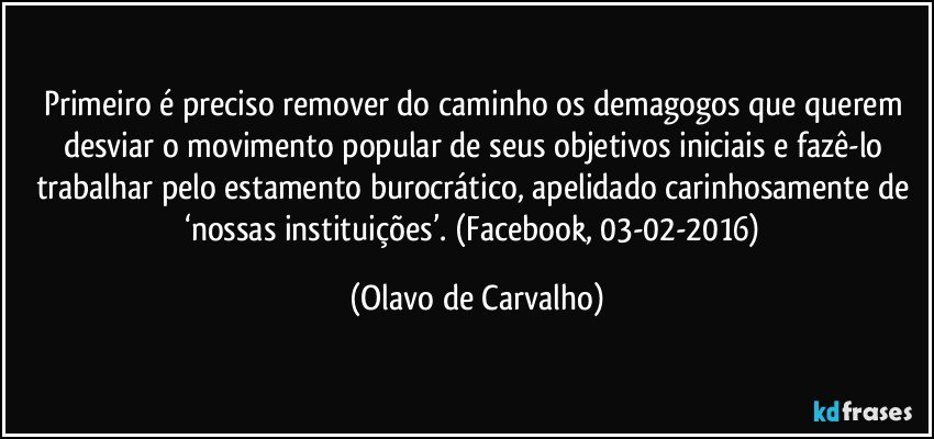 Primeiro é preciso remover do caminho os demagogos que querem desviar o movimento popular de seus objetivos iniciais e fazê-lo trabalhar pelo estamento burocrático, apelidado carinhosamente de ‘nossas instituições’. (Facebook, 03-02-2016) (Olavo de Carvalho)