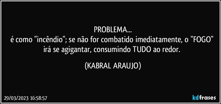 PROBLEMA...
é como "incêndio"; se não for combatido imediatamente, o "FOGO" irá se agigantar, consumindo TUDO ao redor. (KABRAL ARAUJO)