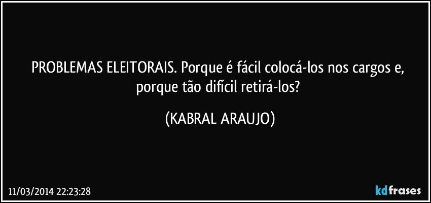 PROBLEMAS ELEITORAIS. Porque é fácil colocá-los nos cargos e, porque tão difícil retirá-los? (KABRAL ARAUJO)