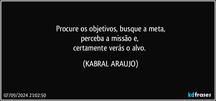 Procure os objetivos, busque a meta,
perceba a missão e, 
certamente verás o alvo. (KABRAL ARAUJO)