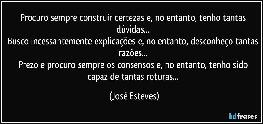 Procuro sempre construir certezas e, no entanto, tenho tantas dúvidas... 
Busco incessantemente explicações e, no entanto, desconheço tantas razões... 
Prezo e procuro sempre os consensos e, no entanto, tenho sido capaz de tantas roturas... (José Esteves)