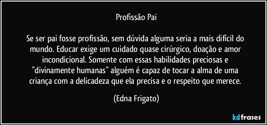 Profissão Pai

Se ser pai fosse profissão, sem dúvida alguma seria a mais difícil do mundo. Educar exige um cuidado quase cirúrgico, doação e amor incondicional. Somente com essas habilidades preciosas e "divinamente humanas" alguém é capaz de tocar a alma de uma criança com a delicadeza que ela precisa e o respeito que merece. (Edna Frigato)