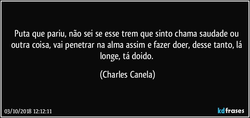 Puta que pariu, não sei se esse trem que sinto chama saudade ou outra coisa, vai penetrar na alma assim e fazer doer, desse tanto, lá longe, tá doido. (Charles Canela)