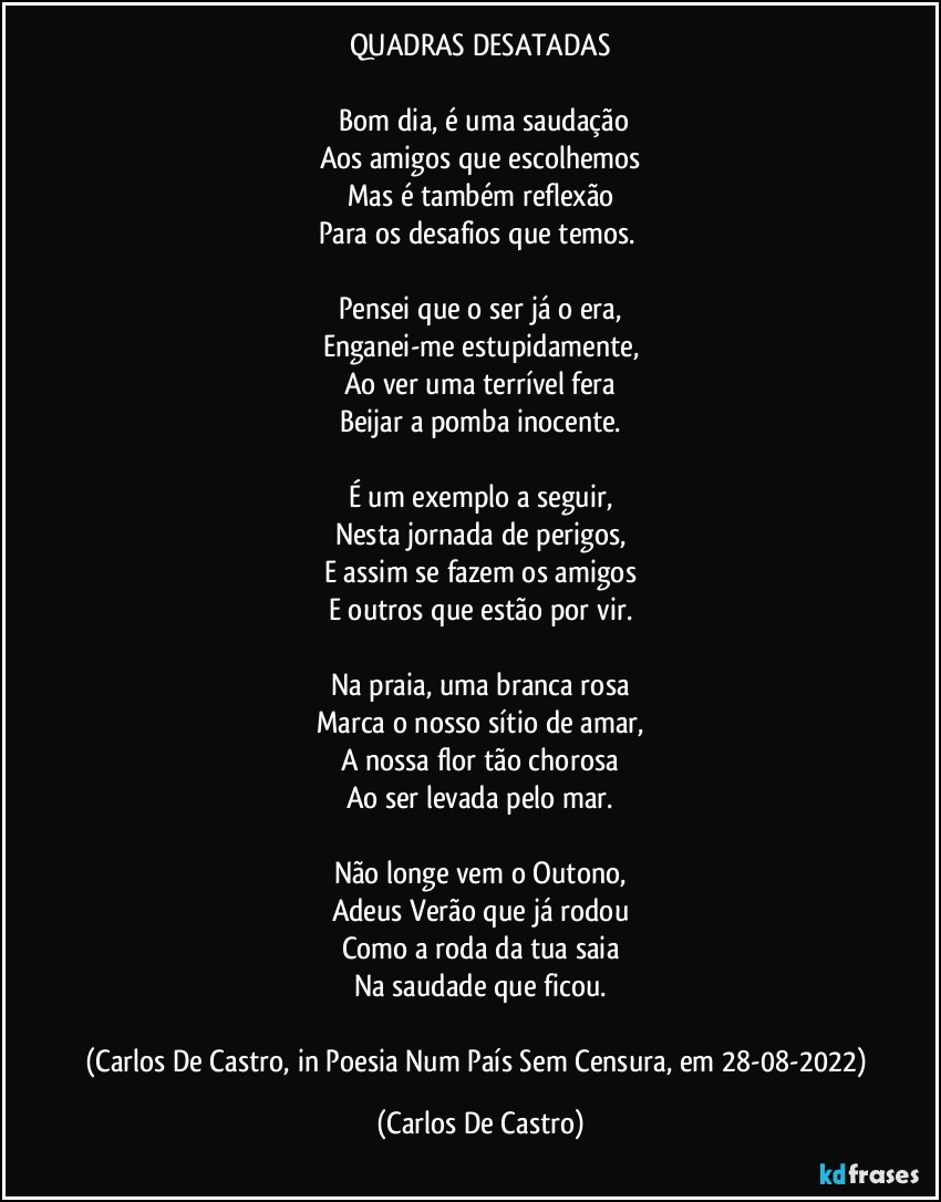 QUADRAS DESATADAS

⁠Bom dia, é uma saudação
Aos amigos que escolhemos
Mas é também reflexão
Para os desafios que temos. 
  
Pensei que o ser já o era,
Enganei-me estupidamente,
Ao ver uma terrível fera
Beijar a pomba inocente.

É um exemplo a seguir,
Nesta jornada de perigos,
E assim se fazem os amigos
E outros que estão por vir.

Na praia, uma branca rosa
Marca o nosso sítio de amar,
A nossa flor tão chorosa
Ao ser levada pelo mar.

Não longe vem o Outono,
Adeus Verão que já rodou
Como a roda da tua saia
Na saudade que ficou.

(Carlos De Castro, in Poesia Num País Sem Censura, em 28-08-2022) (Carlos De Castro)