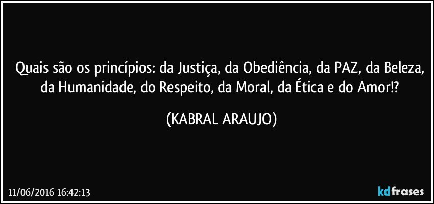 Quais são os princípios: da Justiça, da Obediência, da PAZ, da Beleza, da Humanidade, do Respeito, da Moral, da Ética e do Amor!? (KABRAL ARAUJO)