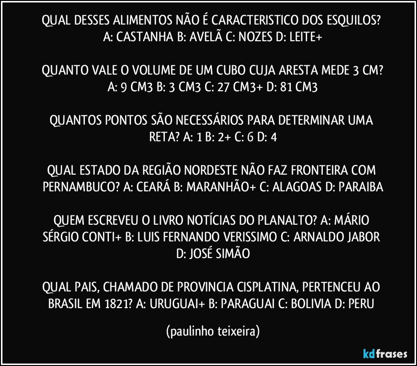 QUAL DESSES ALIMENTOS NÃO É CARACTERISTICO DOS ESQUILOS? A: CASTANHA  B: AVELÃ  C: NOZES  D: LEITE+

 QUANTO VALE O VOLUME DE UM CUBO CUJA ARESTA MEDE 3 CM? A: 9 CM3  B: 3 CM3  C: 27 CM3+  D: 81 CM3

QUANTOS PONTOS SÃO NECESSÁRIOS PARA DETERMINAR UMA RETA? A: 1  B: 2+  C: 6  D: 4

QUAL ESTADO DA REGIÃO NORDESTE NÃO FAZ FRONTEIRA COM PERNAMBUCO? A: CEARÁ  B: MARANHÃO+  C: ALAGOAS  D: PARAIBA

QUEM ESCREVEU O LIVRO NOTÍCIAS DO PLANALTO? A: MÁRIO SÉRGIO CONTI+  B: LUIS FERNANDO VERISSIMO  C: ARNALDO JABOR  D: JOSÉ SIMÃO

QUAL PAIS, CHAMADO DE PROVINCIA CISPLATINA, PERTENCEU AO BRASIL EM 1821? A: URUGUAI+  B: PARAGUAI  C: BOLIVIA  D: PERU (paulinho teixeira)