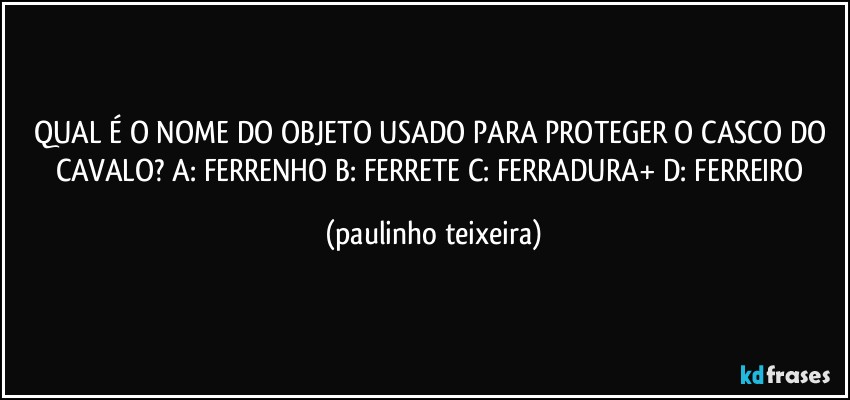 QUAL É O NOME DO OBJETO USADO PARA PROTEGER O CASCO DO CAVALO? A: FERRENHO  B: FERRETE  C: FERRADURA+  D: FERREIRO (paulinho teixeira)