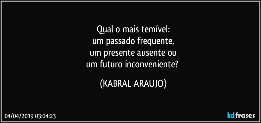 Qual o mais temível:
um passado frequente,
um presente ausente ou
um futuro inconveniente? (KABRAL ARAUJO)